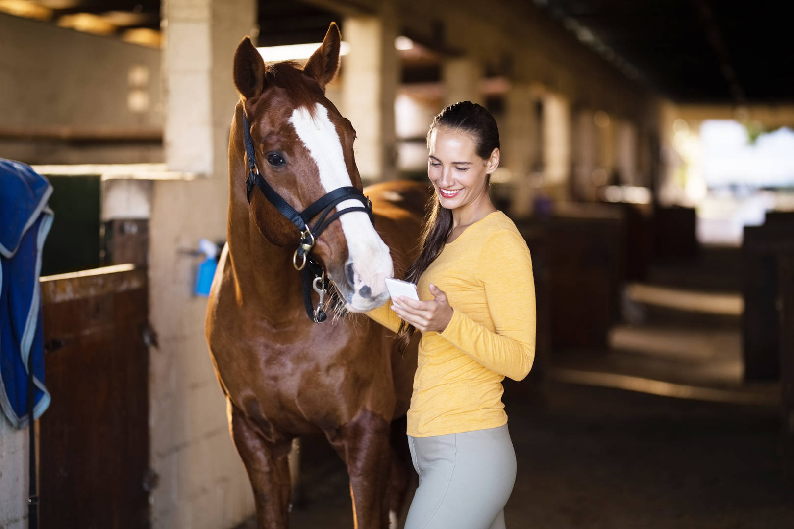 Young woman looks at smartphone and stands next to horse